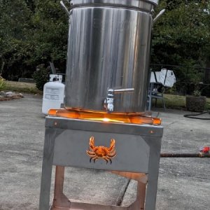 Stainless Steel Natural Gas Crab cooker. Natural gas burner from Amazon mounted to custom s.s. Frame.