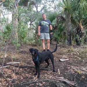 Good friend Gene back from a long walk with Otis
