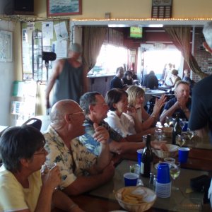 Dinner at the Sausalito Cruising Club. L-R: Susan & Joel, Sam & Kerry, Kathy and Jim, Dr. Bob standing.