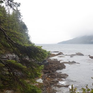 In the center of the picture, the farthest point that is barely visible, is our destination.  Anthony Island.
