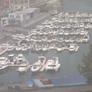 Cat O' Mine is in 4th row of yachts from top at Montreal Yacht Club marina.  View from the Montreal Ferris wheel.