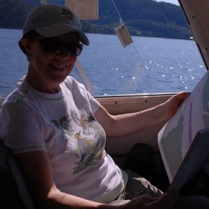 Happy Margaret plotting our course