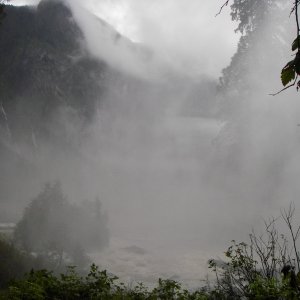 Looking up the valley to the headwaters of the Chatterbox.  Falls mist, and cloudy day, gray and damp  for sure.
