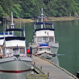 Playing with the big boats at Chatterbox Falls, Princess Louisa Inlet
