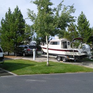 "Boaterhoming" in the small town of West Yellowstone, MT, while on the way to a gathering on Yellowstone Lake, WY.