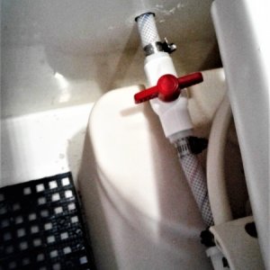 Adding shut off to toilet line allows you to conserve fresh water and use sea water flush with a simple gallon jug during long outings