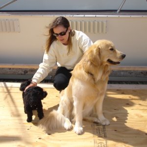 Tara and Paiya at Gorge Harbor Cortez Island Desolation Sound. The dock dolly and her dog.  Sweet gal!