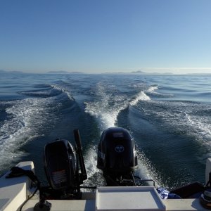 Heading South, crossing the East entrance to the Strait of Juan de Fuca.  The San Juans are off in the distance.