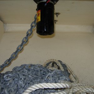 Anchor locker with chain and rode with Lewmar Windless