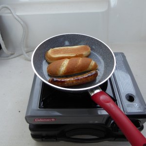 A Brat eating a brat for dinner