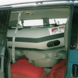 April 2006: Side view of dinghy inside the Astro Van.  Works great for just a trip to the lake or the marina.