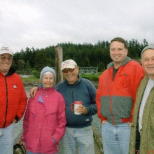 Sunday morning Lopez Island: Barry (C-Cakes), El & Bill (Halcyon), John (TBD) & Joe (R-Matey).