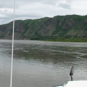 Looking toward the fast water of the Yukon from our anchorage at Flanagan\'s Slough