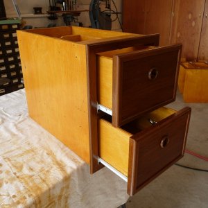 11. Drawer Box Under Wallas Stove Ready To Install. with 4 coats of "Flecto" Varathane Professional Clear Finish on the teak facings. All Birch plywood given Two coats of Sikens Cetol Marine Light.