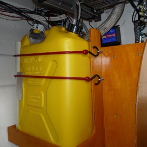 18. New 5 Gallon Wallas Fuel Container. We can now run the stove 24 hours a day for 7 days before we have to think about refilling the fuel container.