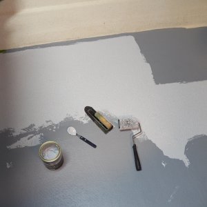 After my balsa core repair, I needed to paint the deck.  KiwiGrip has a good reputation and would hide any ripples in the new fiberglass.  But it is expensive at about $50 per liter and I needed 2 liters, or so I thought.  Then it occurred to me that I don't need or want nonskid under the seat boxes.