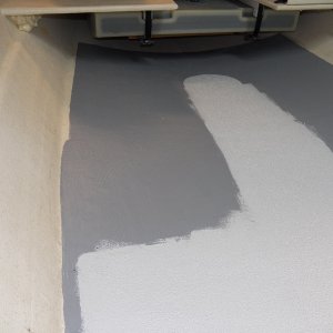 Here I put KiwiGrip just down the traffic area and no tedious masking.  This little area, about 20 square feet, took a quart.  I wish it was darker, but decided not to have it tinted and possibly mess with the chemistry.  KiwiGrip colors are all very light, apparently for yachties and not for fish guts.