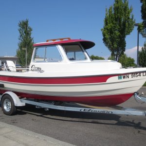 Boat #14 (2013-2017): 1990 Angler 16 with original Johnson 40 at the Edmonds launch after a day of crabbing.