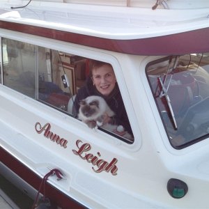 Kathy and one of our cats (their 1st voyage)