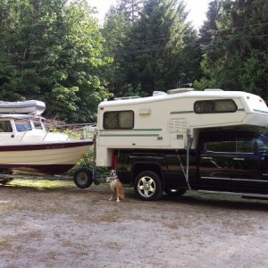 New (to me)2015 GMC Sierra Duramax parked at Egmont BC. Juno is keeping watch.