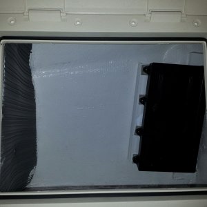 Under-berth side storage now lined with closed cell foam on the foam side and coated with SC1000 on the rest. Battery tray is where one of the house batteries will go (battery against berth bulkhead)