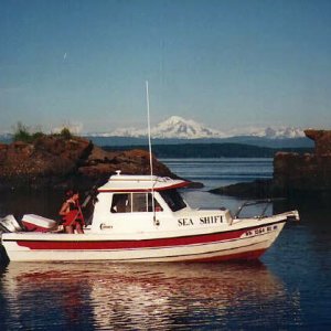 The former 16' "Sea Shift" at Clark Island in the San Juan Islands of Wa. State. Mt. Baker is in the background. (Photo taken in summer of 2000).