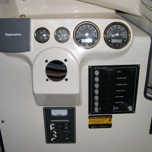 (DaveS) "Sea Shift" Instrument Panel with the dual System Check Commander Tachometers with Digital Fuel Flow Managers trimmed in Black/Gold. (3/9/04).
