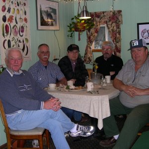 (DaveS) Impromptu C-Brat Gathering on 3/19/04.  Dusty (aka Man of Many C-Dorys), Dave S. (Sea Shift), Joe W. (Betty Louise), Fred (Anita Marie), and Roger (Sensei).