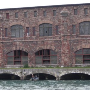 Edison Power Plant SSMarie Michigan..Fishing The Wall...think the bow of my  22 Classic Angler will fit inside the tunnel far enough for me to hook on to the wall.