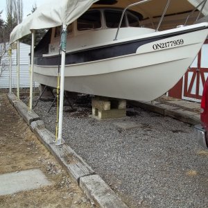 4/9/2011 Blocked boat for bottom/epoxy/ painting, took four hours to do.