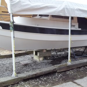 4/9/2011  I  used 8"x8" two foot blocks.I hope the cribbing isn't too far towards the stern.