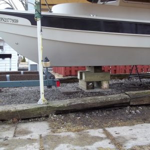 4/11/2011..Port view of repositioned blocking,about 20" closer to the bow