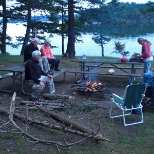 Sundowners around the camp fire, Prevost Harbor.