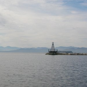 Burlington breakwater with Adirondack mountains in background