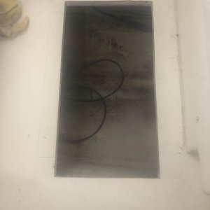 Media 'New Hole for access hatch to New Battery Location. Predrilled oversize Holes for access hatch hold down and filled with Epoxy as well as edges from cut opening' in album 'original battery location'