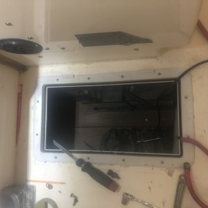 Media 'Built platform with trex. Screwed battery boxes down, accessible from this hatch or from the hatch under the sink.' in album 'original battery location'