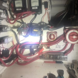 New location for Switch gear, under the Captains Chair.  I like it because most of my connections are now inside along with my On Off for motors and house bank