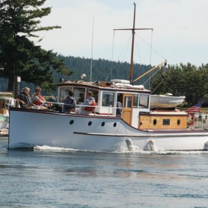 Classic Yacht motoring out of Fishermens Bay, Lopez Island