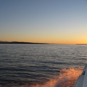 Running up Malaspina Strait at sunset