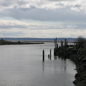 Entrance to South Pass.  Looking south, picture taken from end of paved road. Tide at about +2 ft., actual depths unknown.