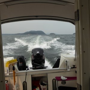 Heading back home after some WOT speed runs in Guemes Channel to test the new prop. After reading some Merc performance reports decided to try a 16Dx13" instead of the 15x15, it brought me from the low-mid RPM range to the high end of the RPM range and only a couple mph top end loss (28 mph). On last trip I noticed the boat had gained a lot of weight over the first 2 years and the waterline was never visible (I emptied about 200 lbs of unused stuff after that trip too). I may actually go back to the 15x15 for normal loads because I really like cruising around 3000 rpm.