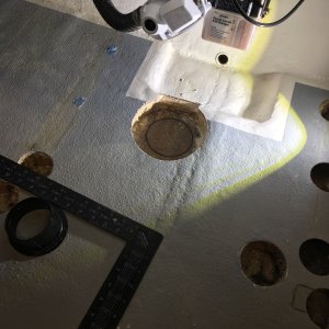 Notice the three holes where the bilge pump was mounted. Another potential water leak into the balsa core.