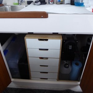 Wallas 1300 installed under galley just to the right of the drawers.