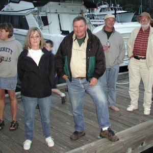 (Pat Anderson) C-Brats Enoying the Christenings - Janet (Luna-C), Judy and Tim (Lynn Marie), John (Liberty Call crew), Bob (Da Nag crew)