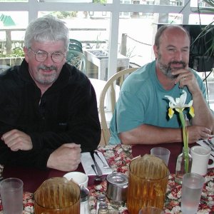 (Pat Anderson) Fred (Anita Marie) and Bill (Da Nag) at Love Dog Cafe breakfast