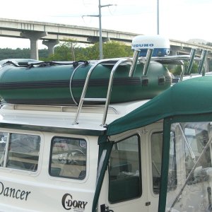 Installed the Furuno 1623 Radar.  The Alaskan Series dinghy fits perfectly under the tall arch.