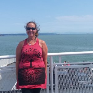Caryn on ferry-going home
