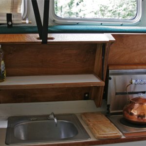 Galley with helm seat still down.