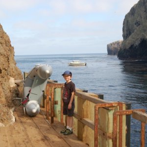 Landing Cove -- East Anacapa Island.  Once anchored you row to the landing, climb the ladder, and pull your dinghy up behind you.  Now, 150+ steps to get on top of the Island 200 feet above!