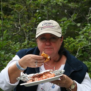 Becky enjoys a seafood quesadilla with raspberry chipotle.